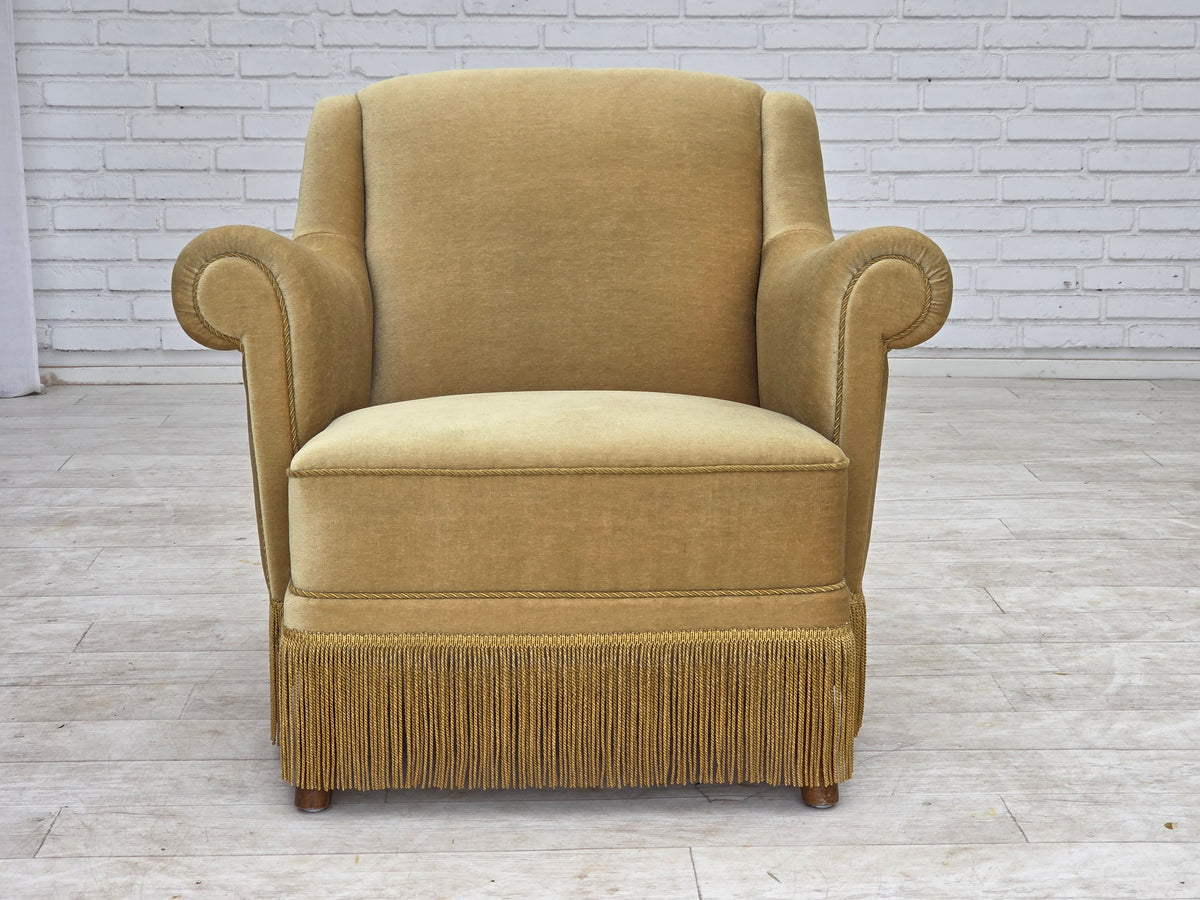 1970s, Danish armchair, furniture velour, oak wood legs.