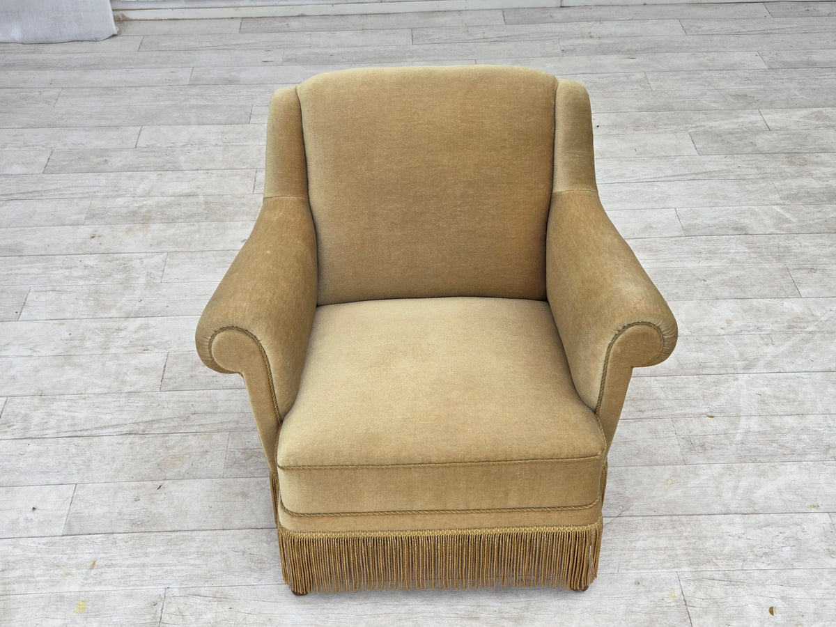 1970s, Danish armchair, furniture velour, oak wood legs.