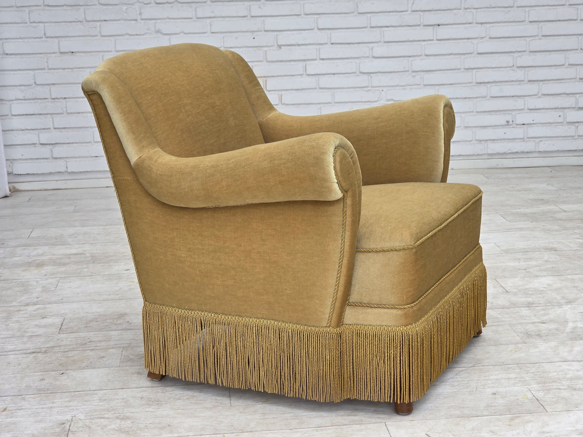 1970s, Danish armchair, furniture velour, oak wood legs.