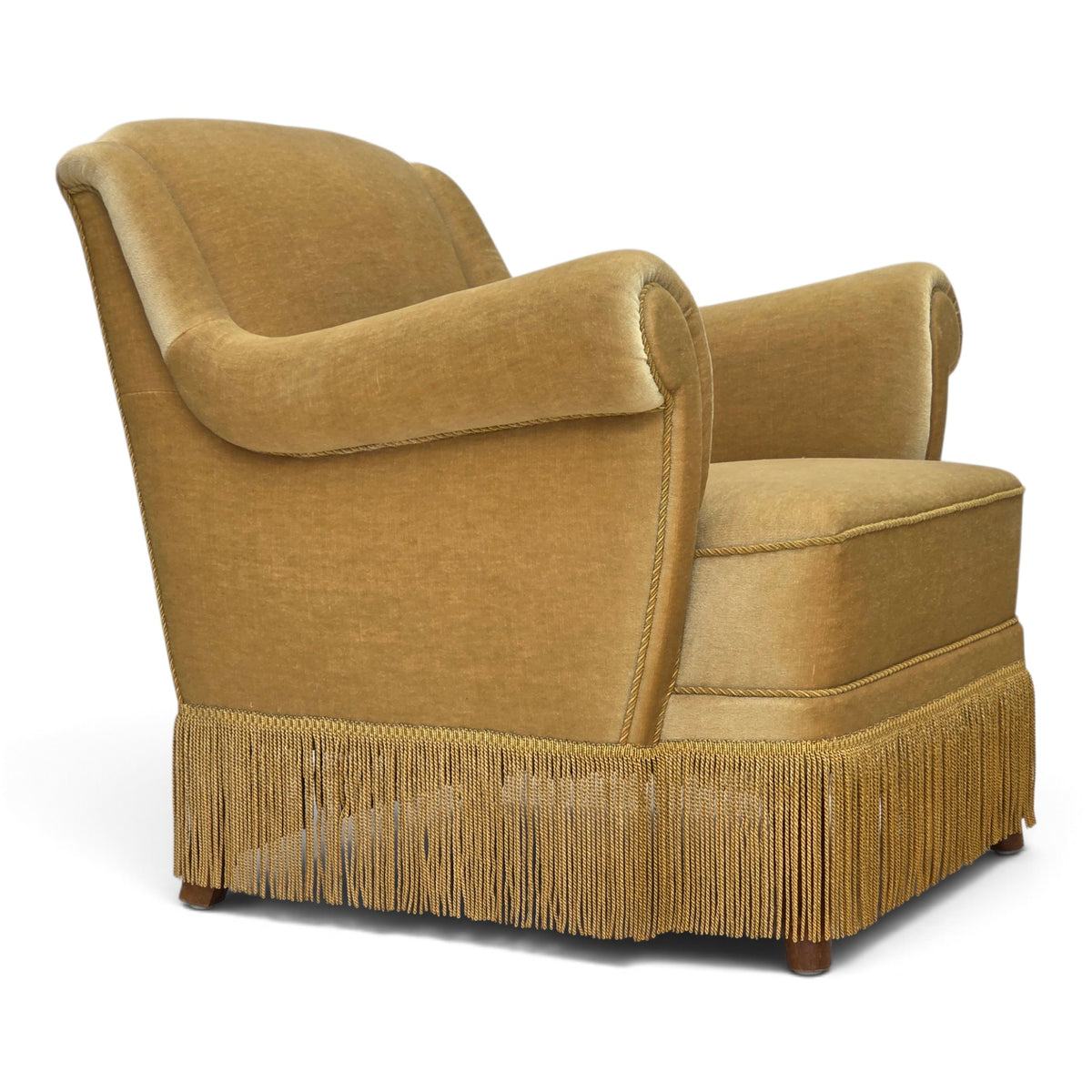 1970s, Danish armchair, furniture velour, oak wood legs.