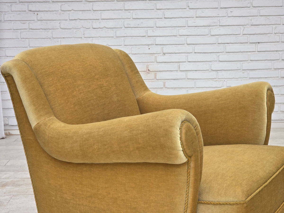 1970s, Danish armchair, furniture velour, oak wood legs.