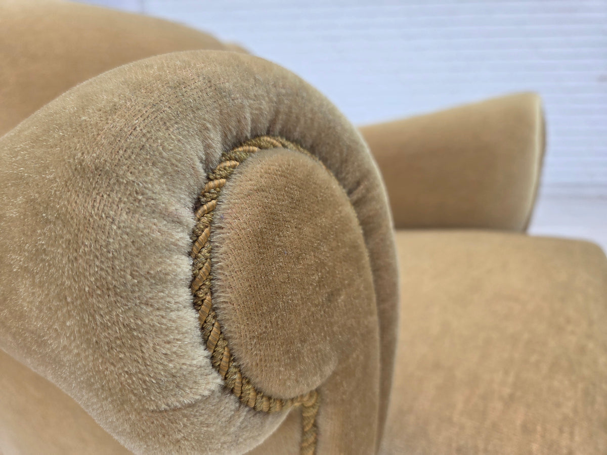 1970s, Danish armchair, furniture velour, oak wood legs.