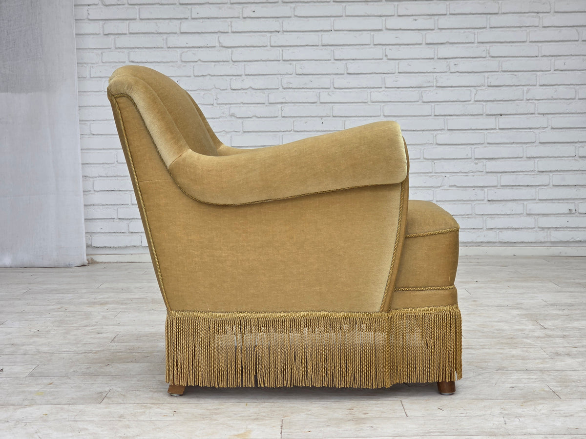 1970s, Danish armchair, furniture velour, oak wood legs.