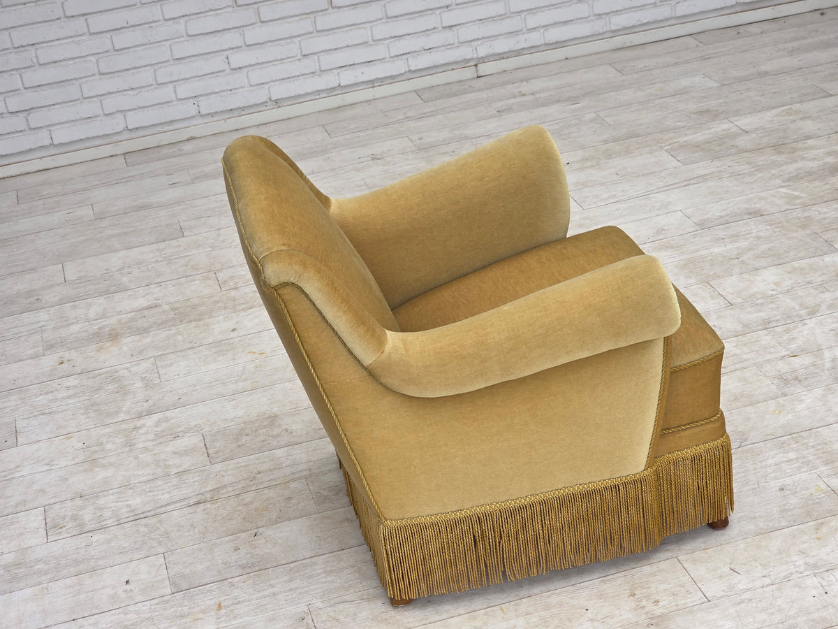 1970s, Danish armchair, furniture velour, oak wood legs.
