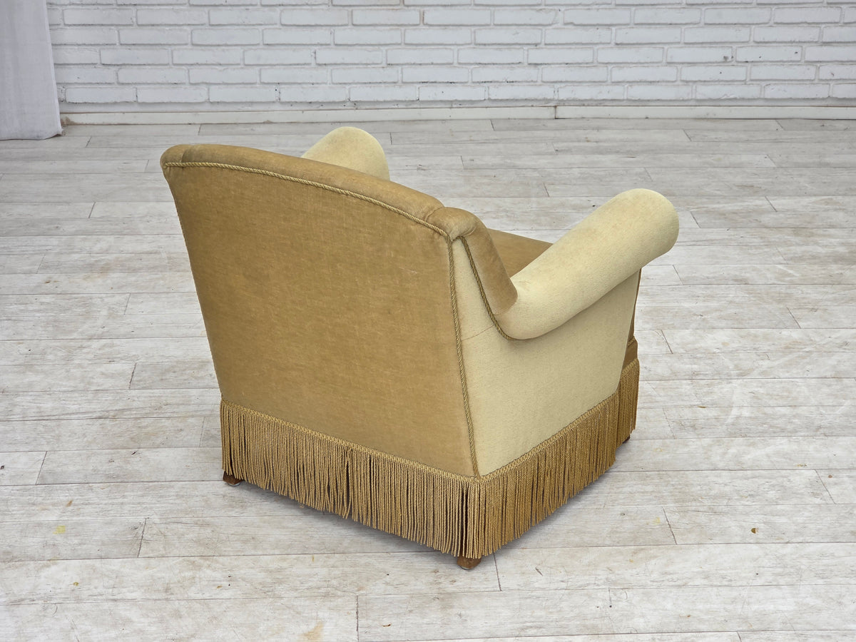 1970s, Danish armchair, furniture velour, oak wood legs.