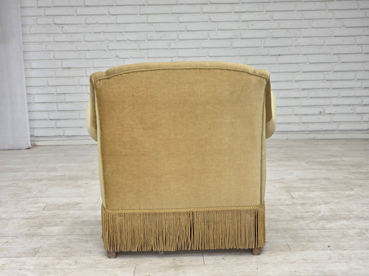 1970s, Danish armchair, furniture velour, oak wood legs.