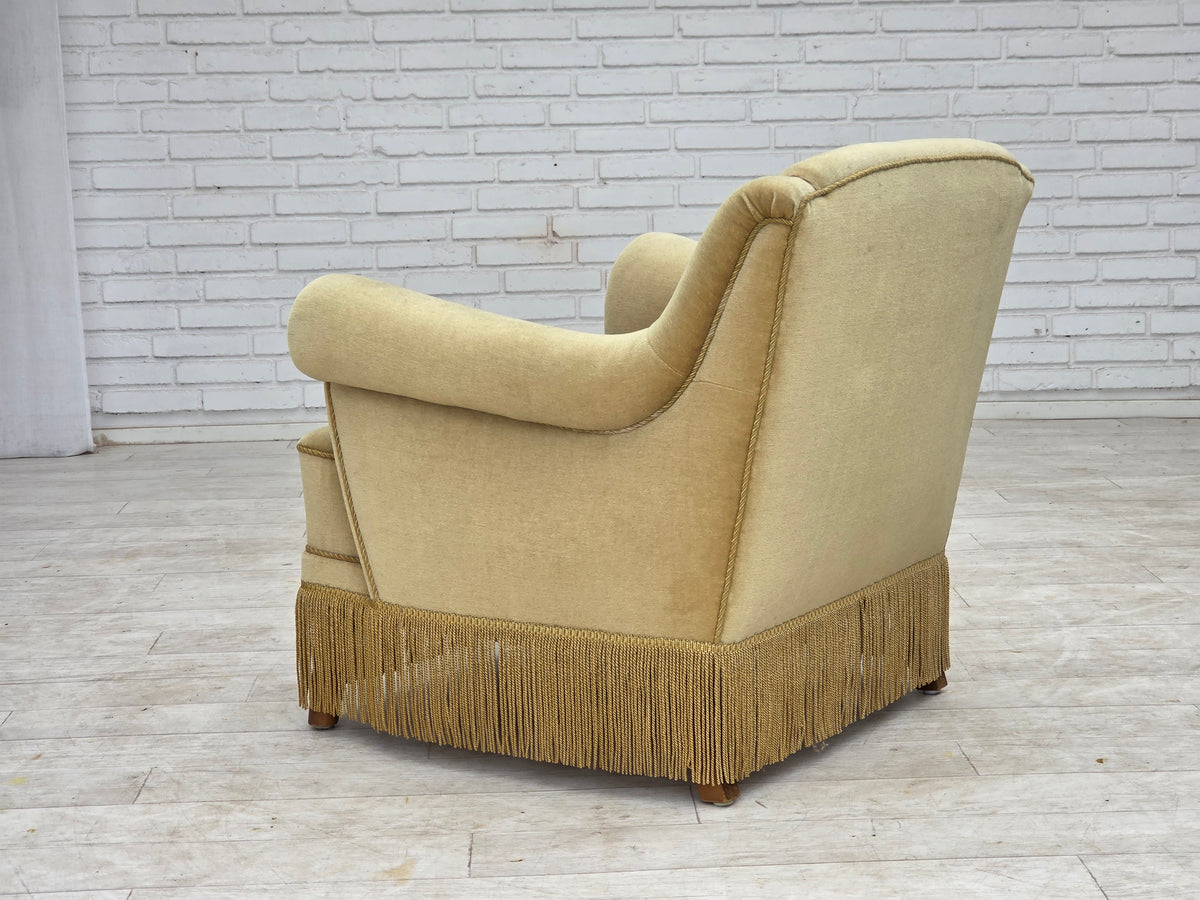 1970s, Danish armchair, furniture velour, oak wood legs.