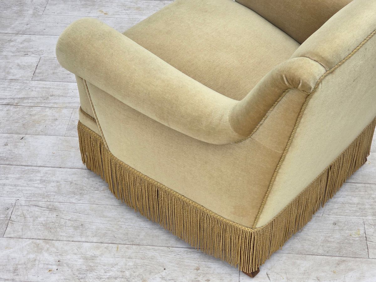 1970s, Danish armchair, furniture velour, oak wood legs.