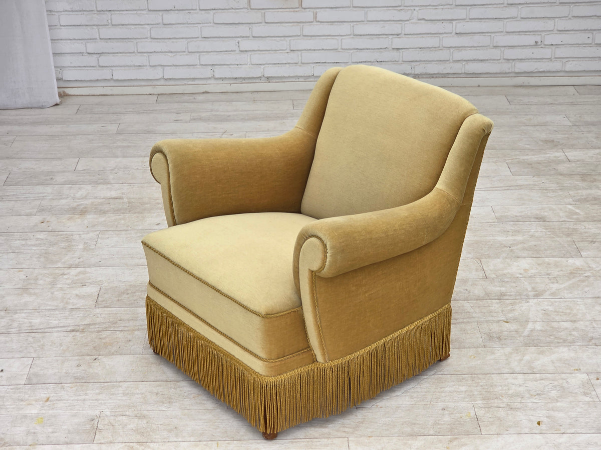 1970s, Danish armchair, furniture velour, oak wood legs.