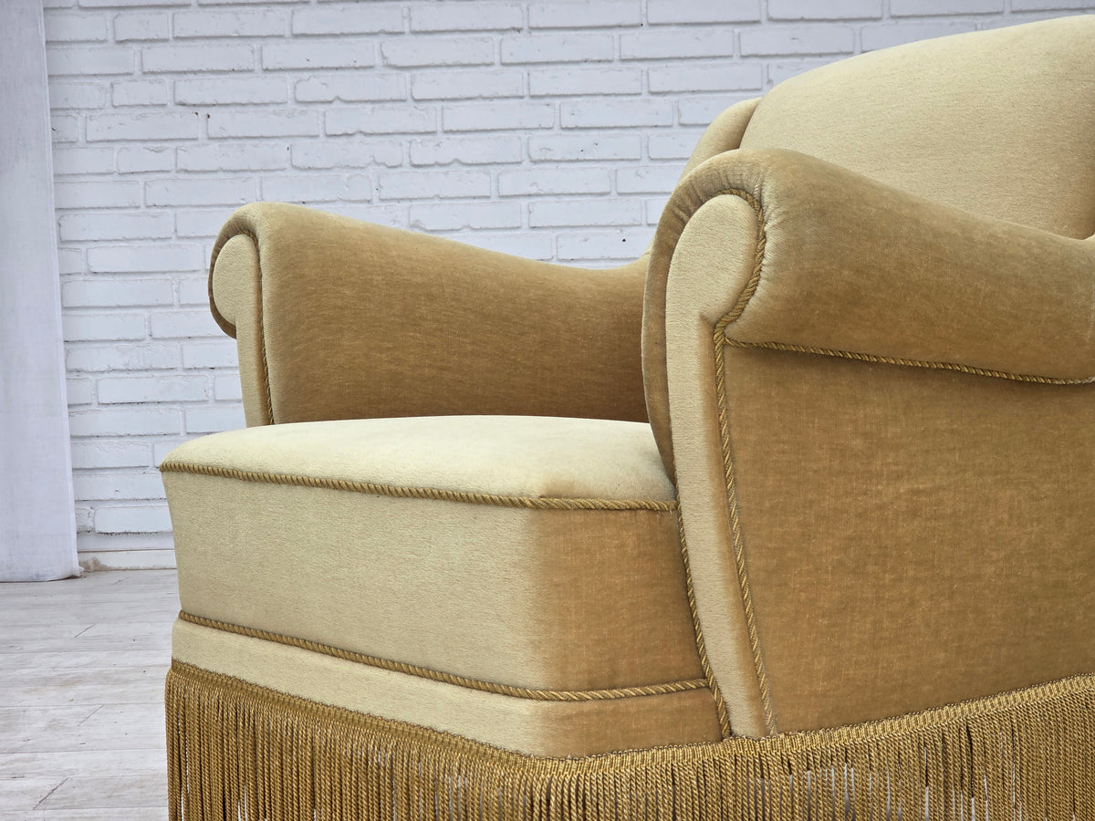 1970s, Danish armchair, furniture velour, oak wood legs.