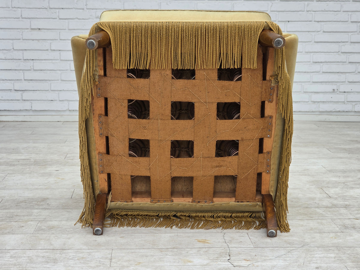 1970s, Danish armchair, furniture velour, oak wood legs.