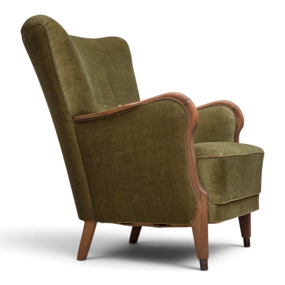 1960s, Danish highback armchair, furniture velour, beech wood.
