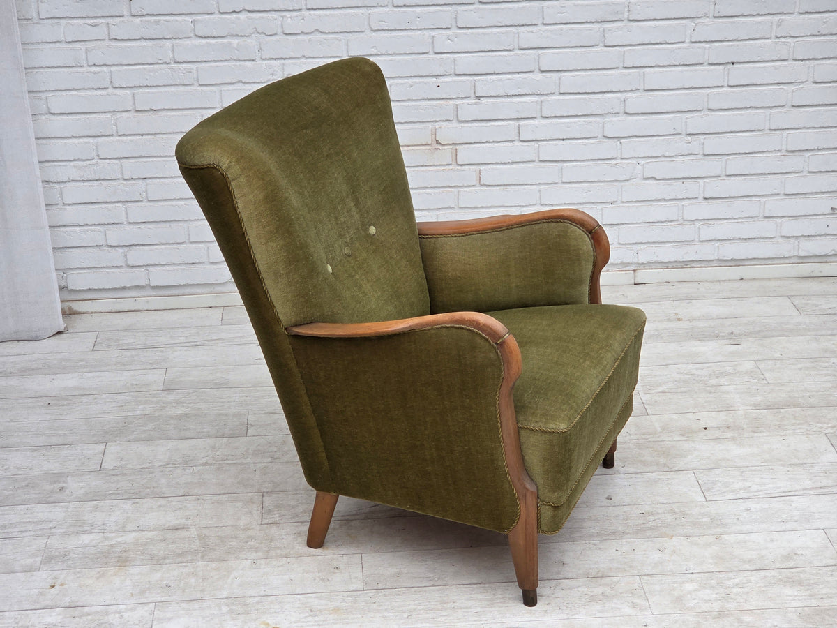 1960s, Danish highback armchair, furniture velour, beech wood.