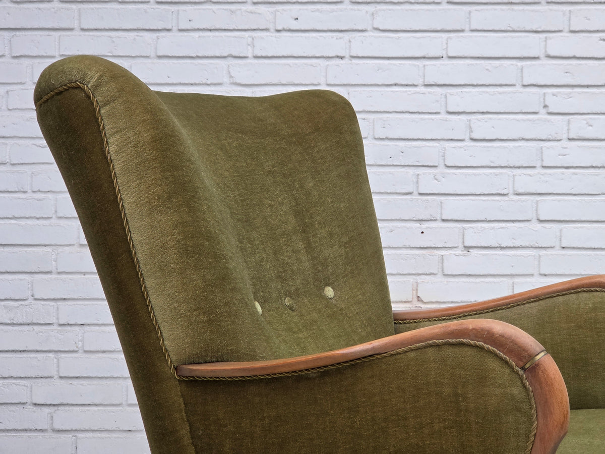 1960s, Danish highback armchair, furniture velour, beech wood.