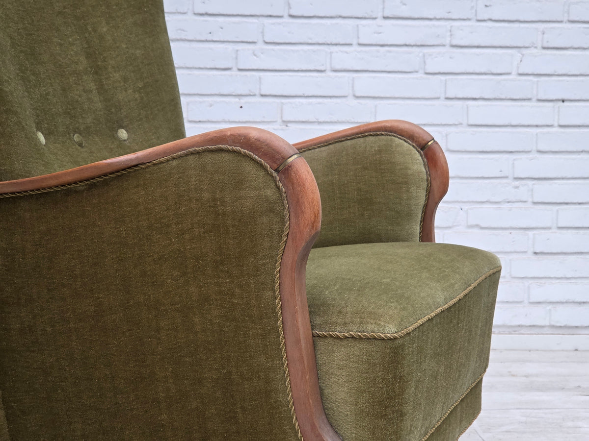 1960s, Danish highback armchair, furniture velour, beech wood.