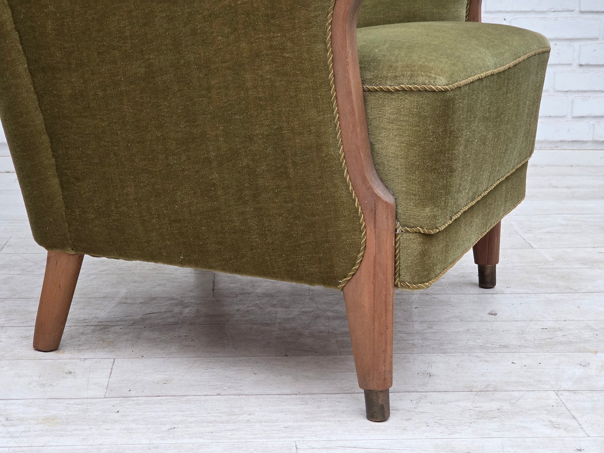 1960s, Danish highback armchair, furniture velour, beech wood.
