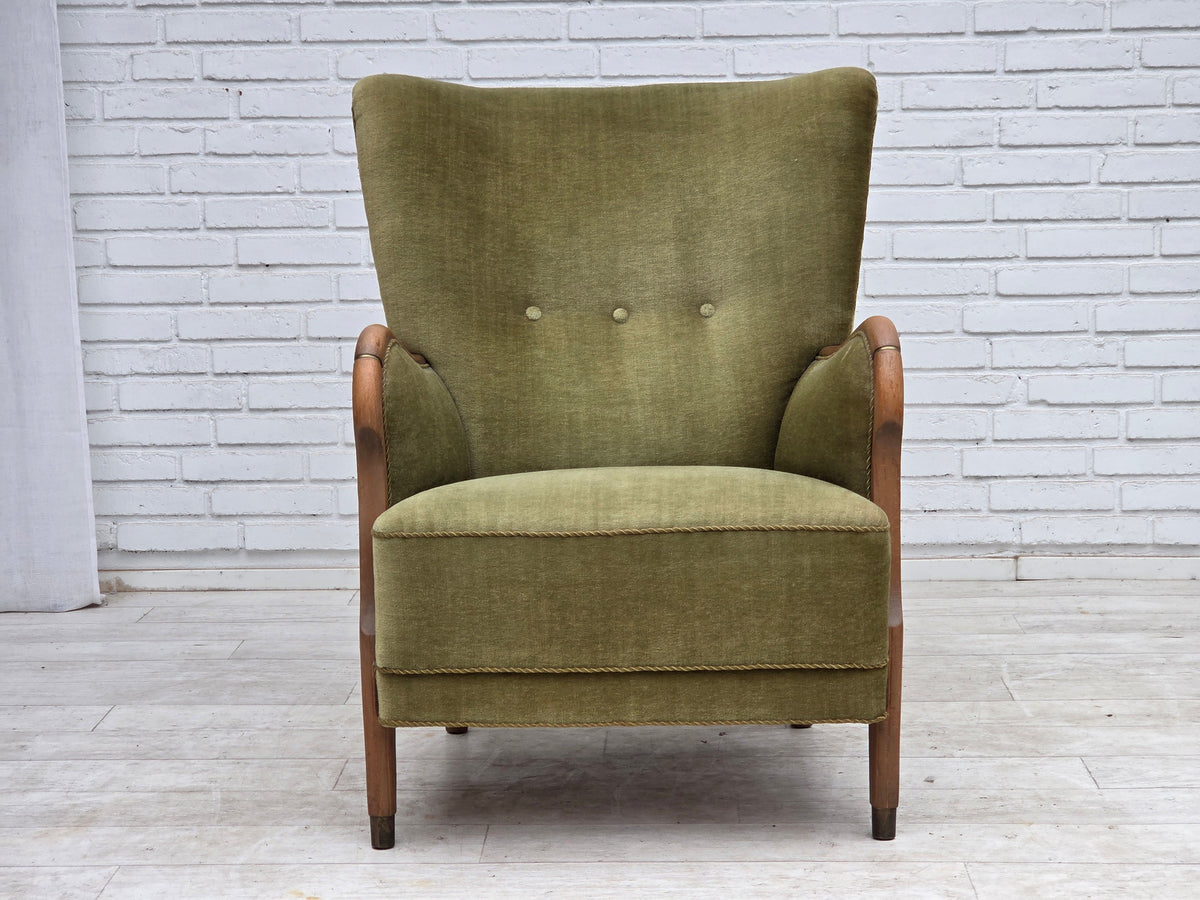 1960s, Danish highback armchair, furniture velour, beech wood.