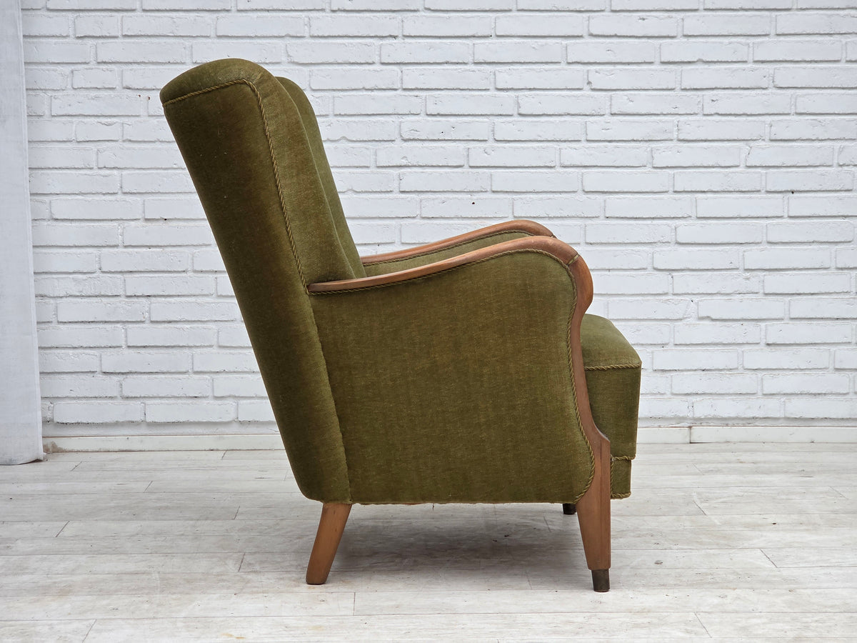 1960s, Danish highback armchair, furniture velour, beech wood.