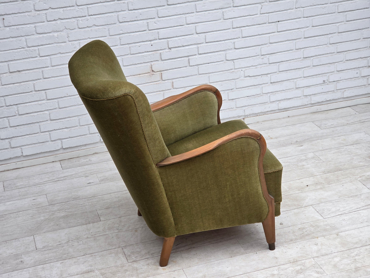 1960s, Danish highback armchair, furniture velour, beech wood.