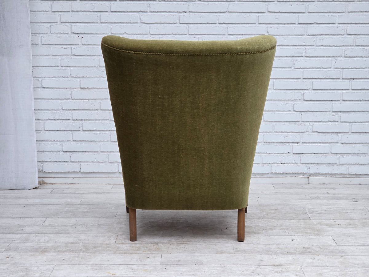 1960s, Danish highback armchair, furniture velour, beech wood.