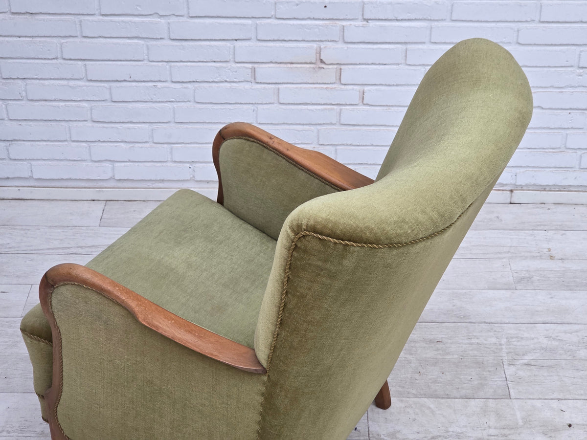 1960s, Danish highback armchair, furniture velour, beech wood.