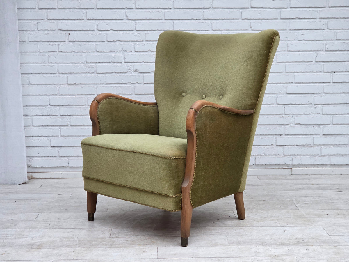 1960s, Danish highback armchair, furniture velour, beech wood.