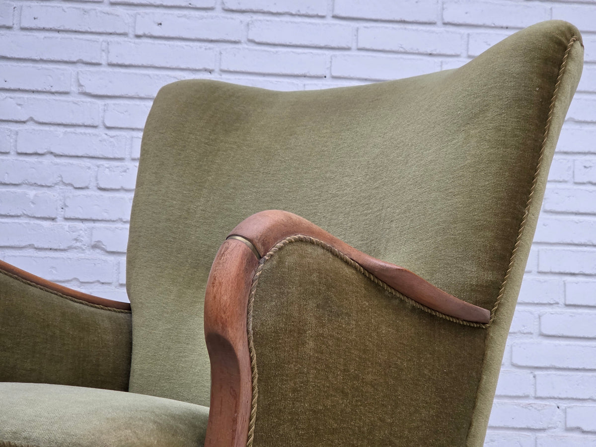1960s, Danish highback armchair, furniture velour, beech wood.