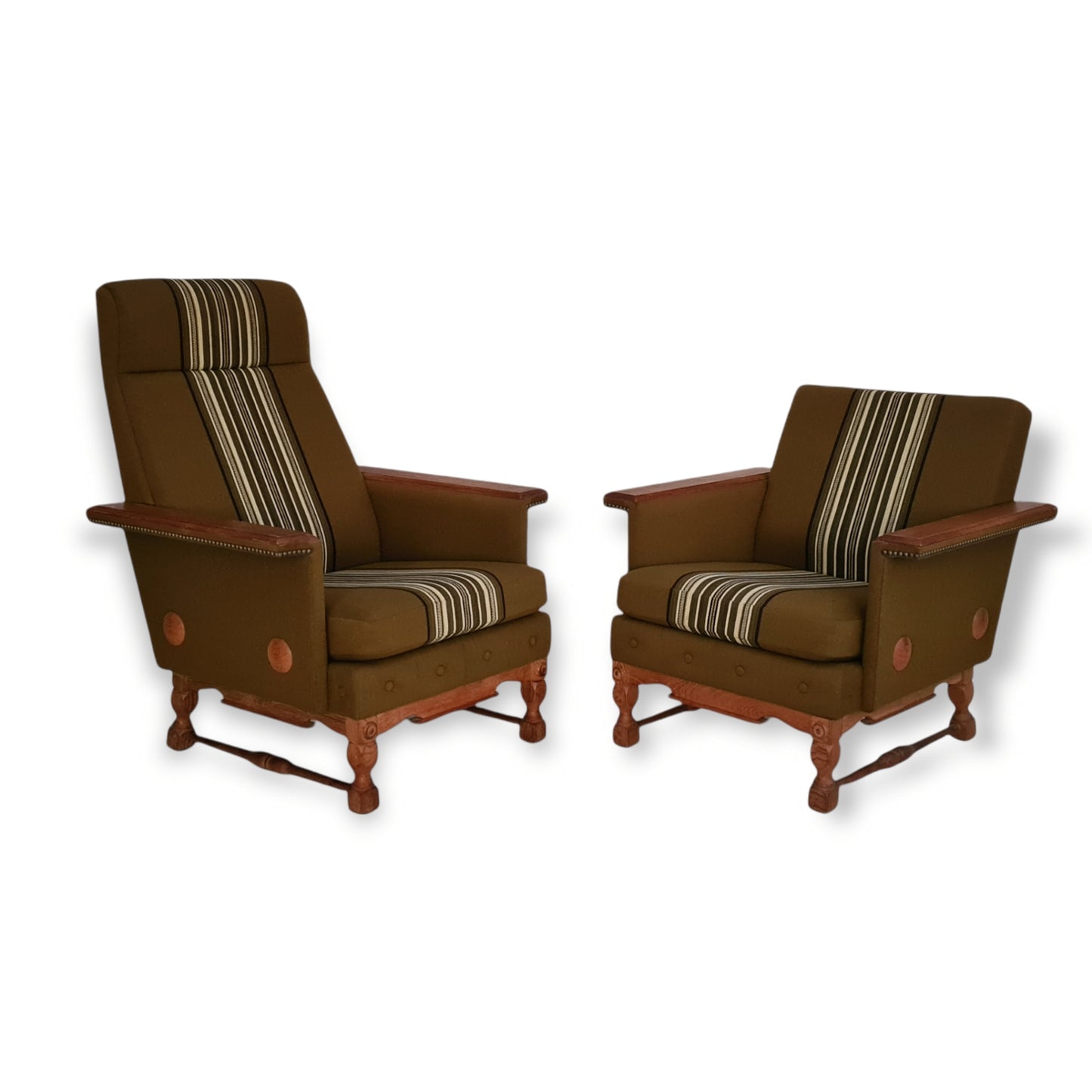 1970s, Danish design, set of two armchairs, oak wood, wool, original condition