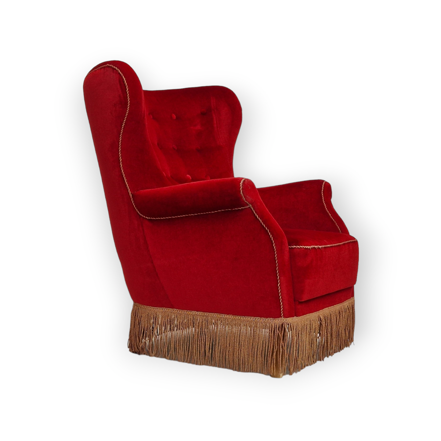 1960s, Danish vintage highback armchair in cherry-red velvet.