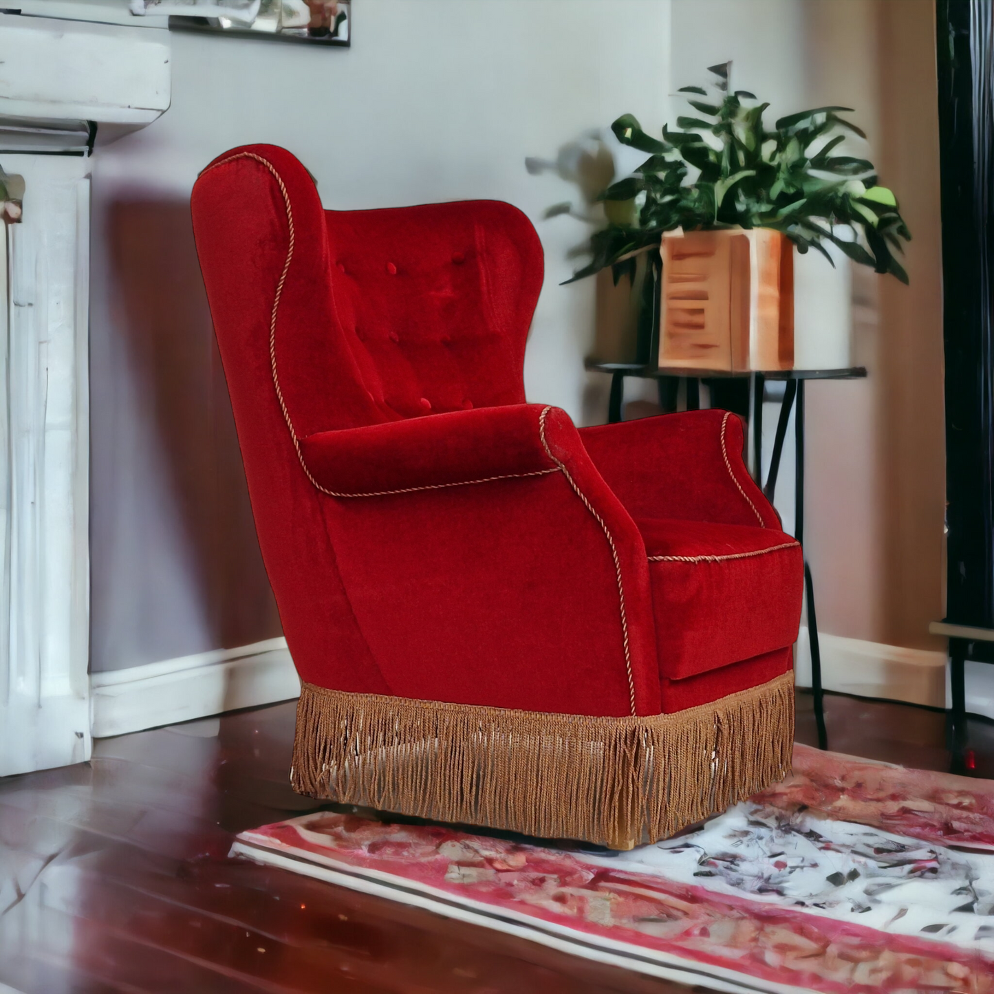 1960s, Danish vintage highback armchair in cherry-red velvet.