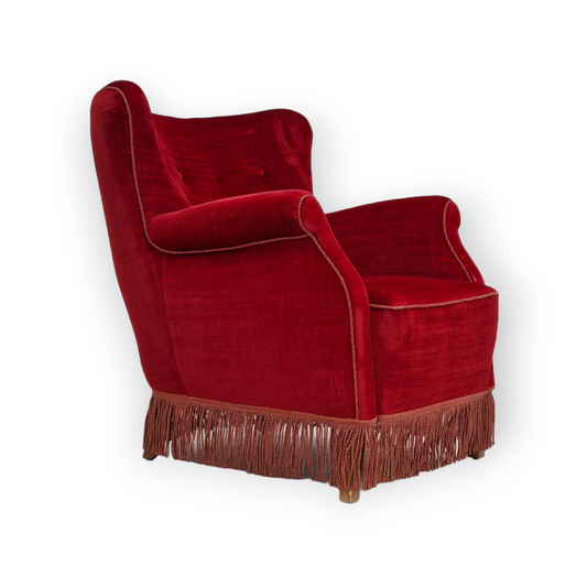 1960s, Danish vintage armchair in cherry-red velvet.