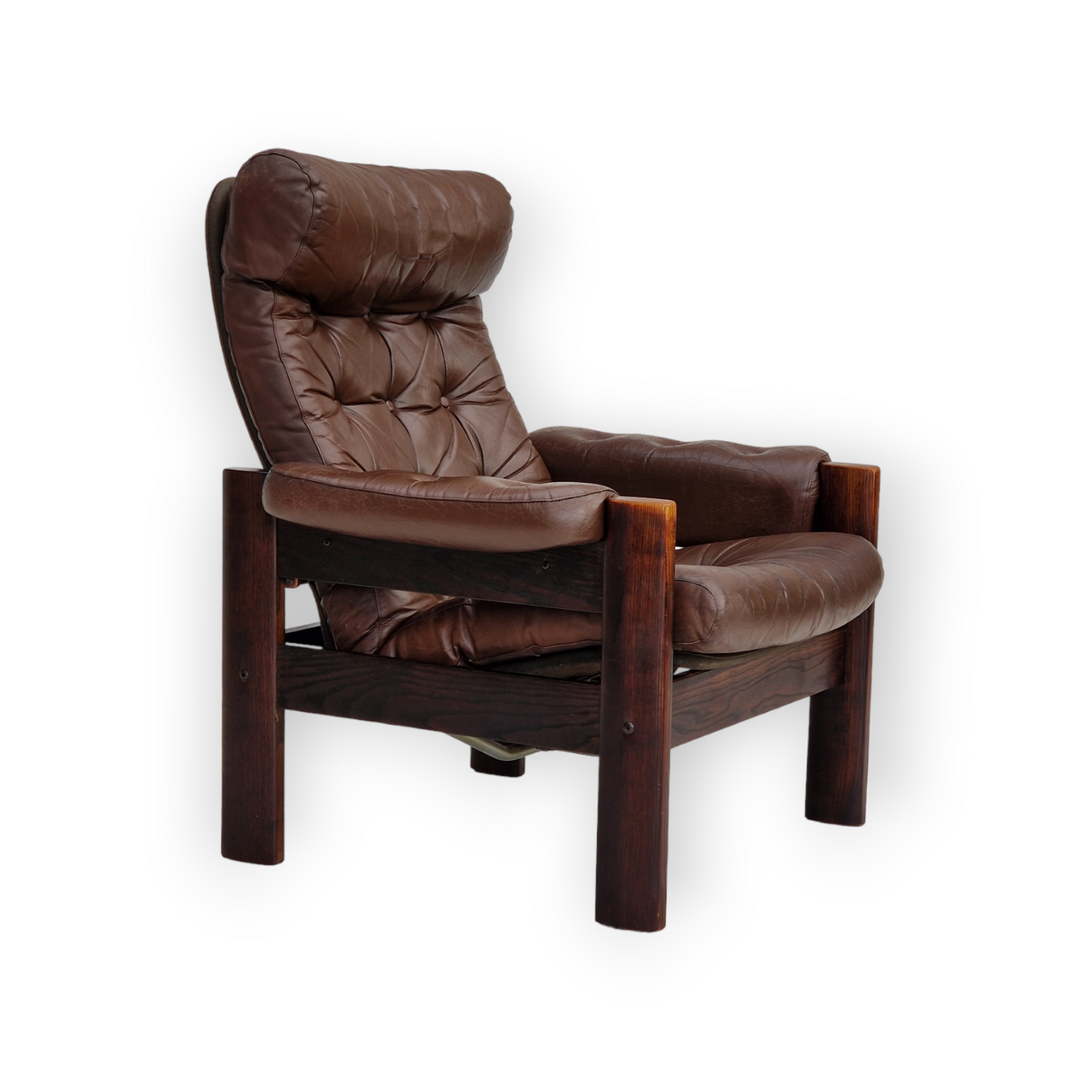 1970s, Scandinavian adjustable lounge chair, brown leather, oak