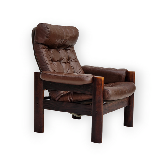 1970s, Scandinavian adjustable lounge chair, brown leather, oak wood.