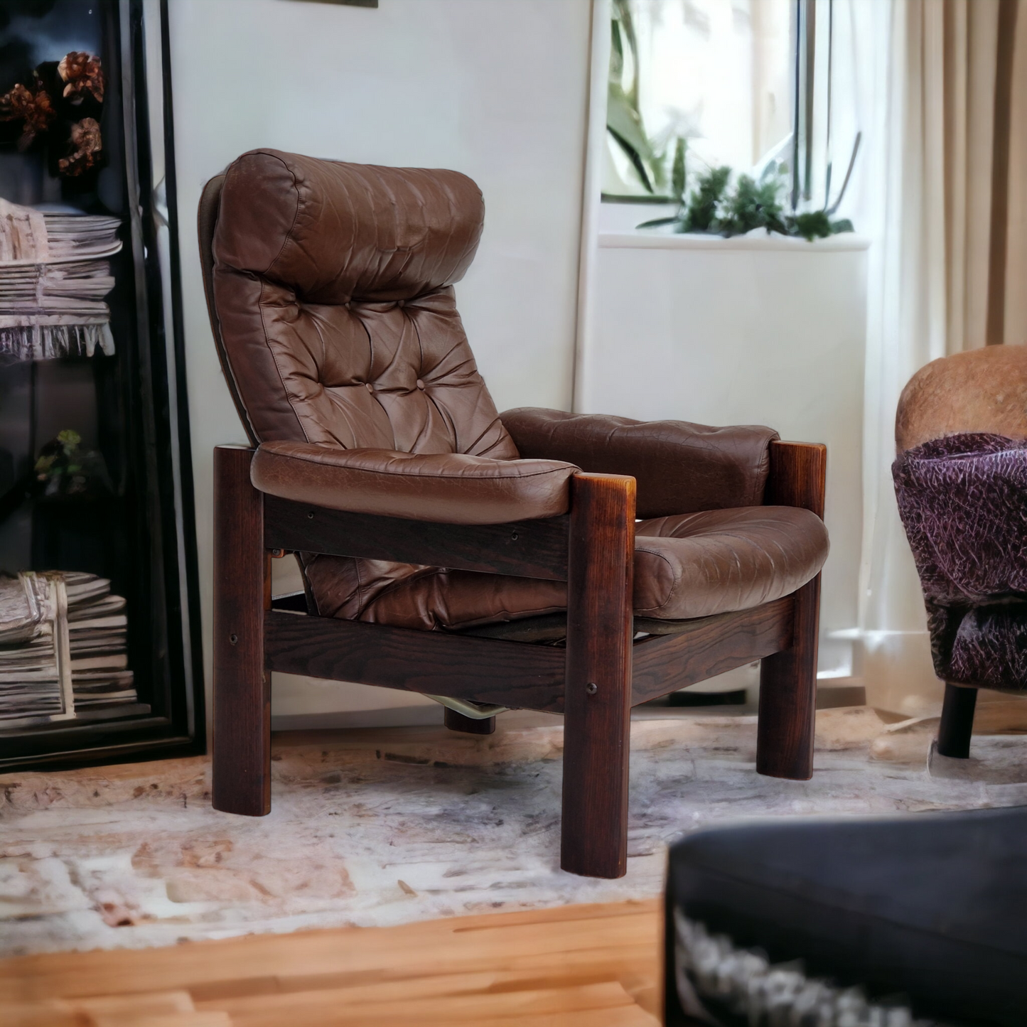 1970s, Scandinavian adjustable lounge chair, brown leather, oak wood.