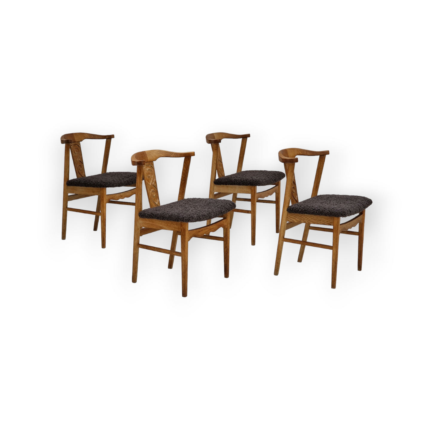 1960s, Danish design by Henning Kjærnulf, set of 4 dinning chairs, oak wood, sheepskin imitation.