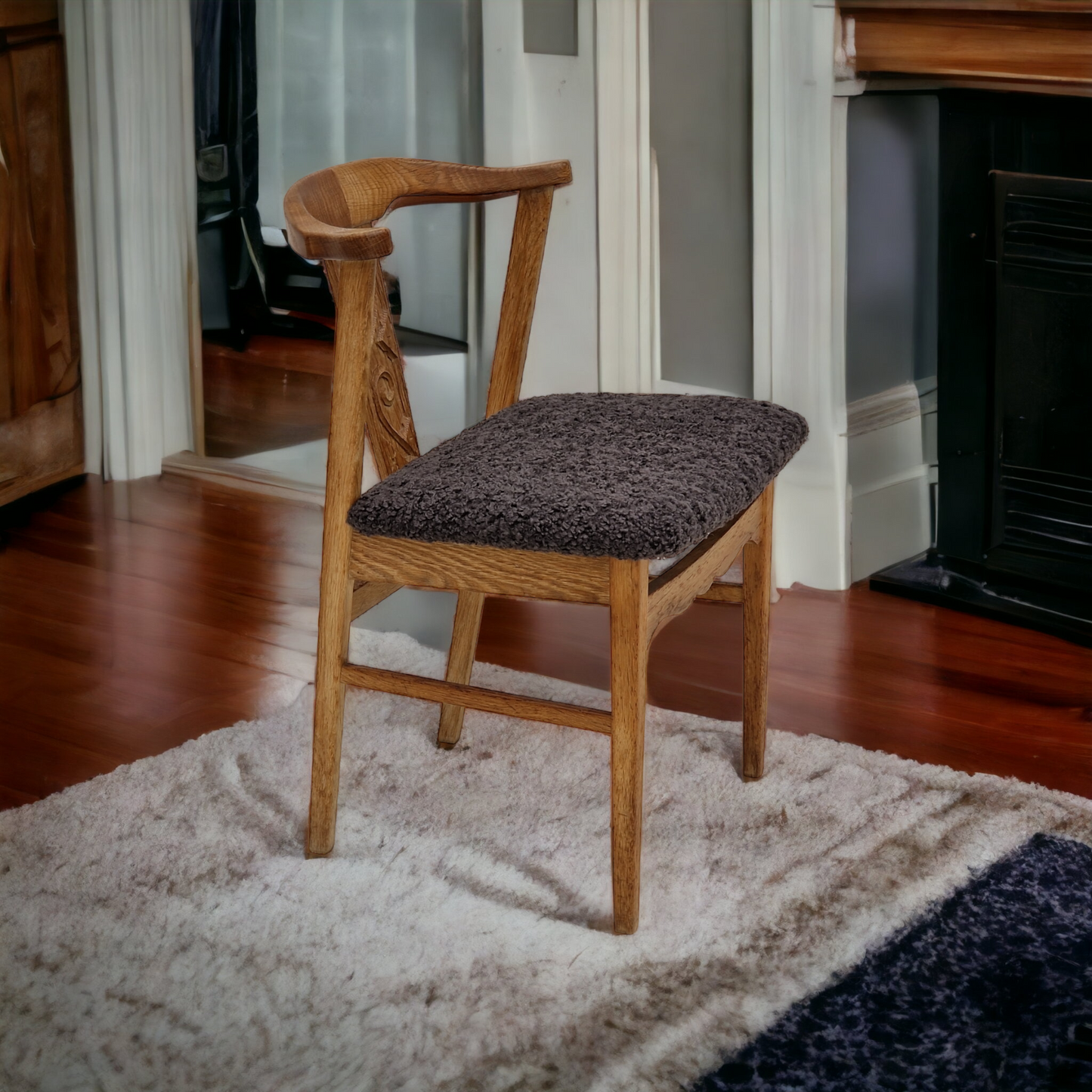 1960s, Danish design by Henning Kjærnulf, set of 4 dinning chairs, oak wood, sheepskin imitation.