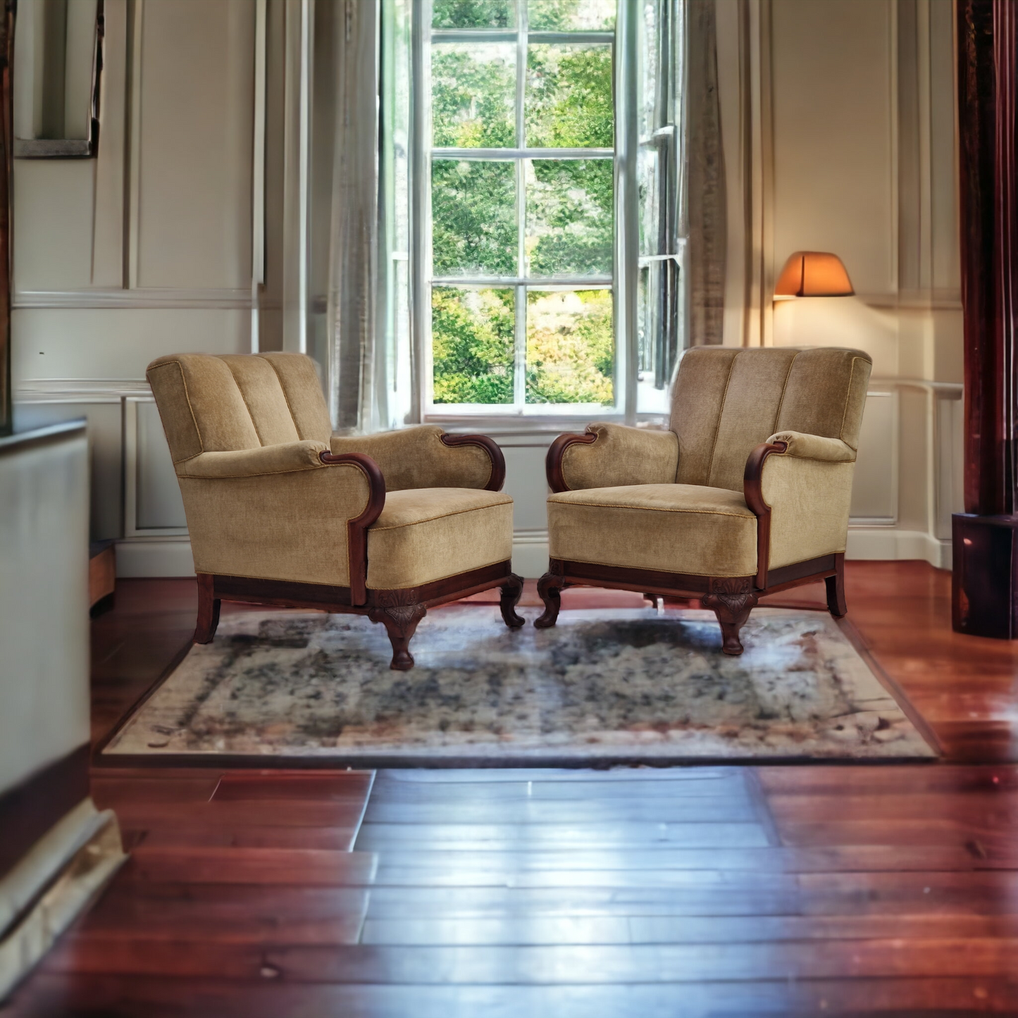 1950s, Danish design, set of armchairs, teak wood, velour, original condition.