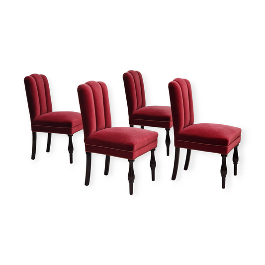 1950s, Danish design, set of 4 dinning chairs, oak wood, cherry-red velour.