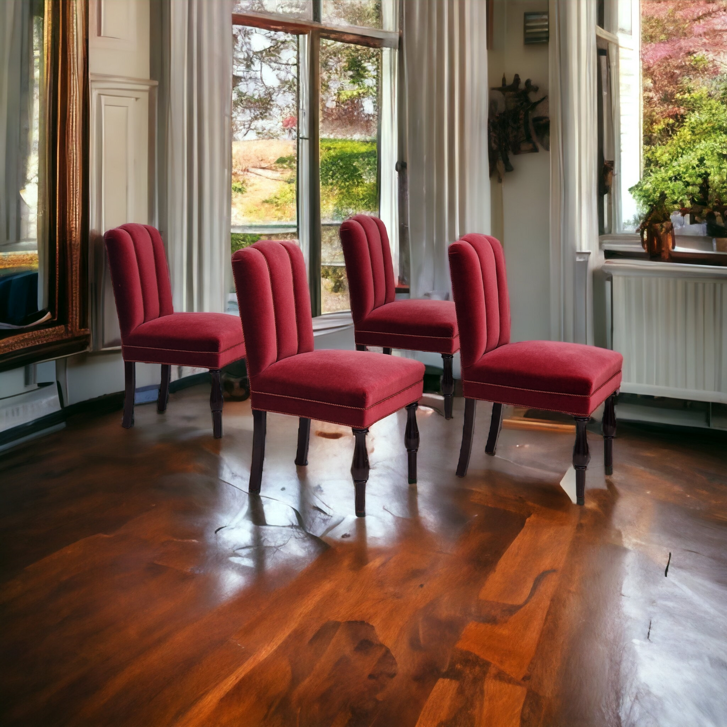 1950s, Danish design, set of 4 dinning chairs, oak wood, cherry-red velour.