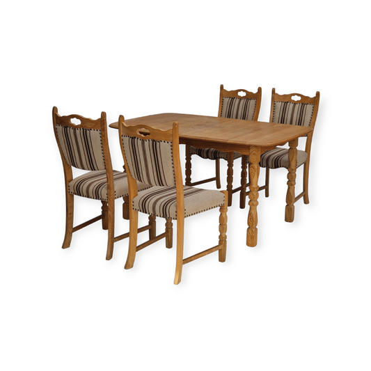 1970s, Danish design, dinning set of table and four chairs, oak wood, wool.