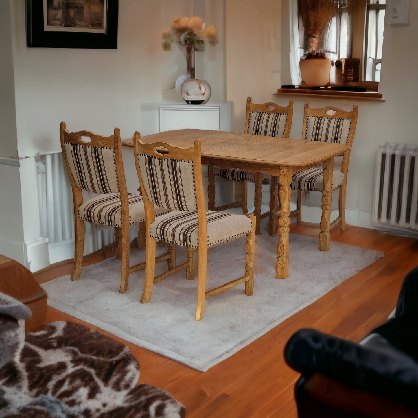 1970s, Danish design, dinning set of table and four chairs, oak wood, wool.