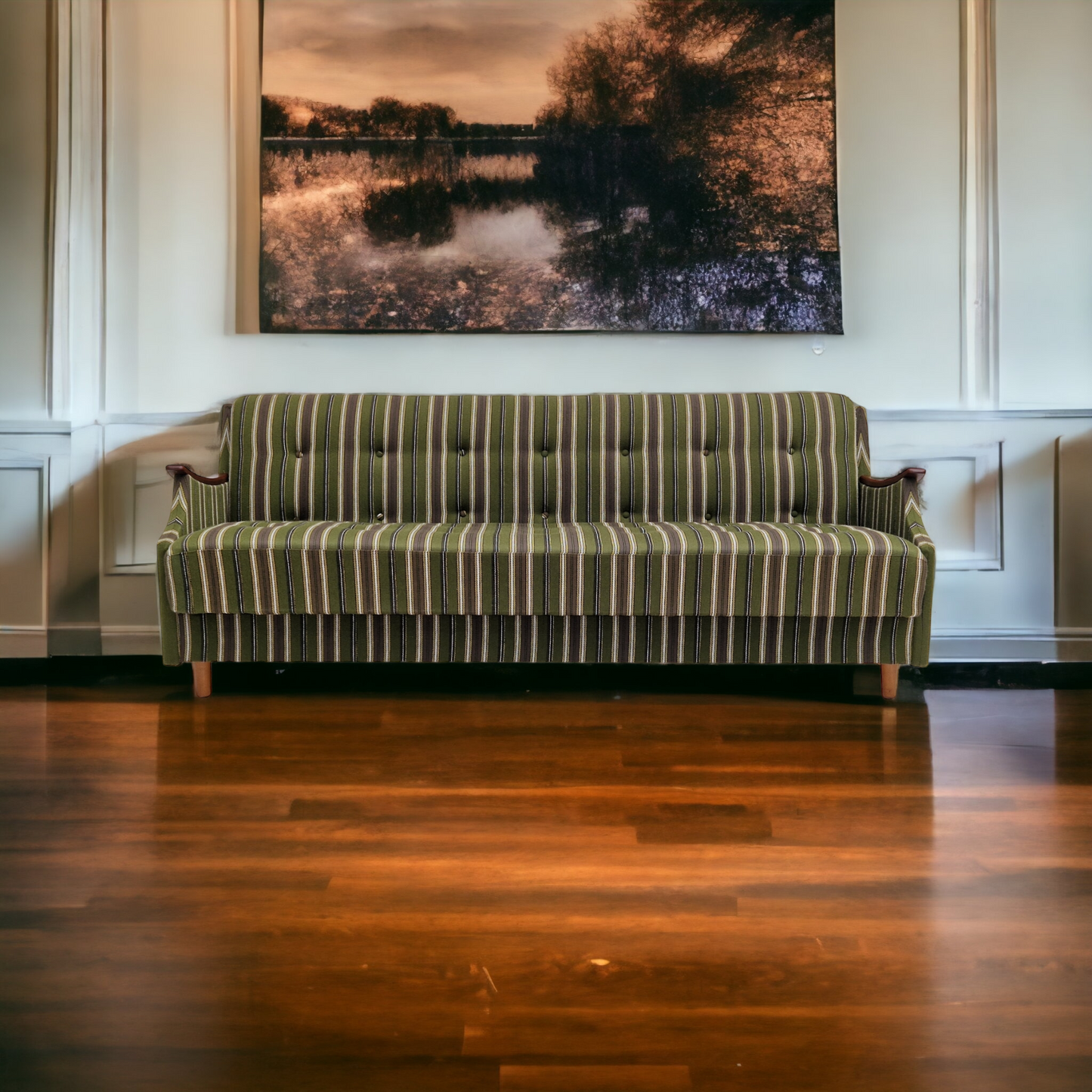 1960s, Danish 3 seater folded sleeping sofa, original very good condition.