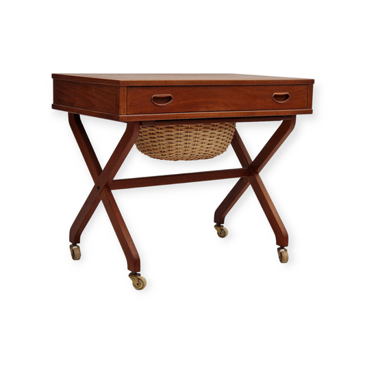 1960s, vintage Danish sewing table, teak wood, rattan.