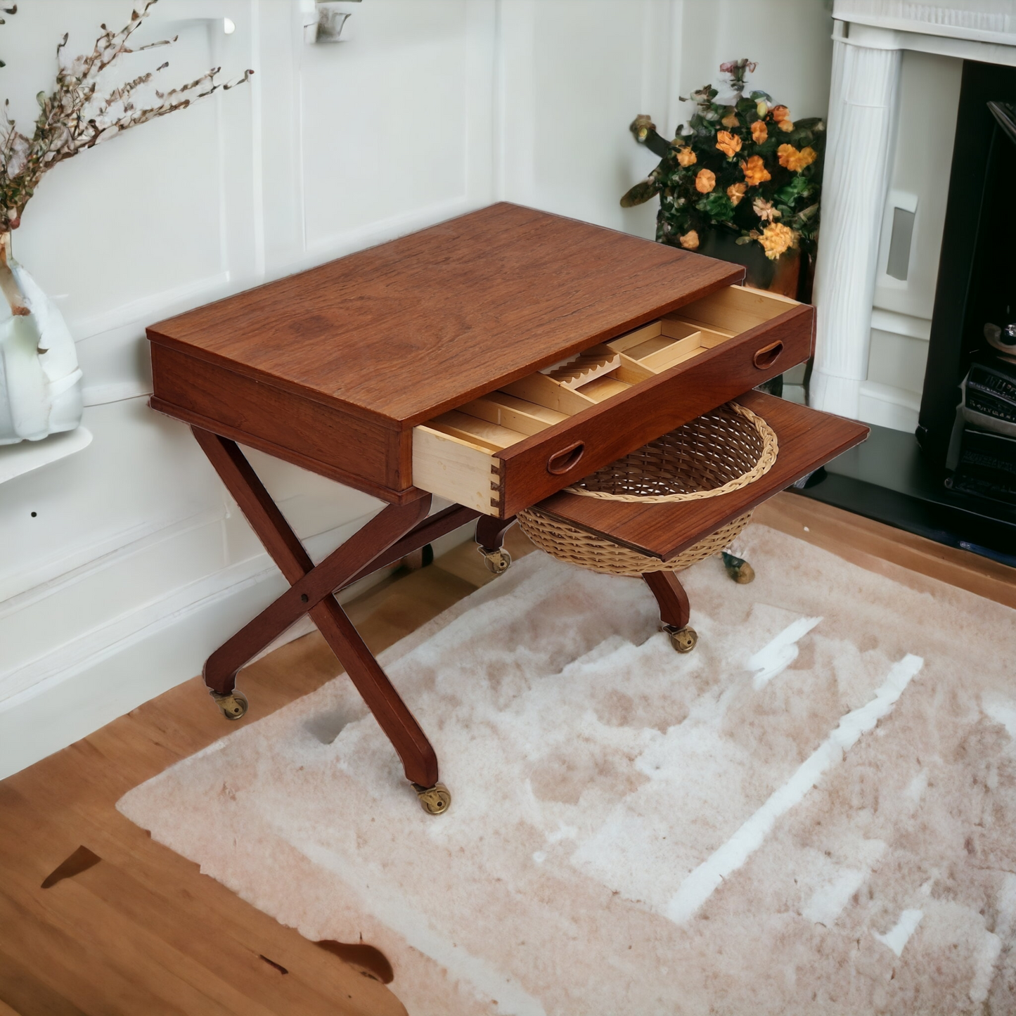 1960s, vintage Danish sewing table, teak wood, rattan.