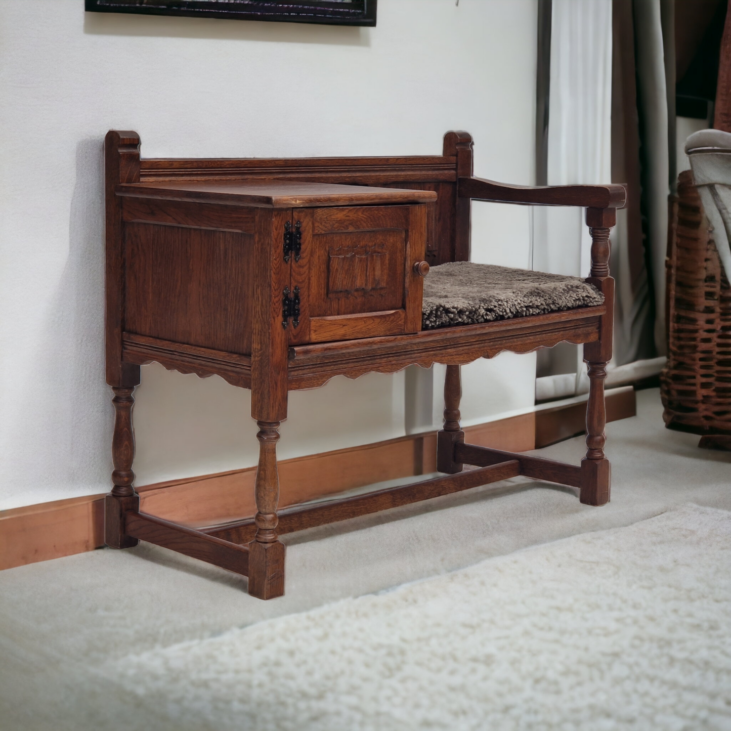 1950s, Scandinavian design, seater dresser, oak wood, sheepskin.