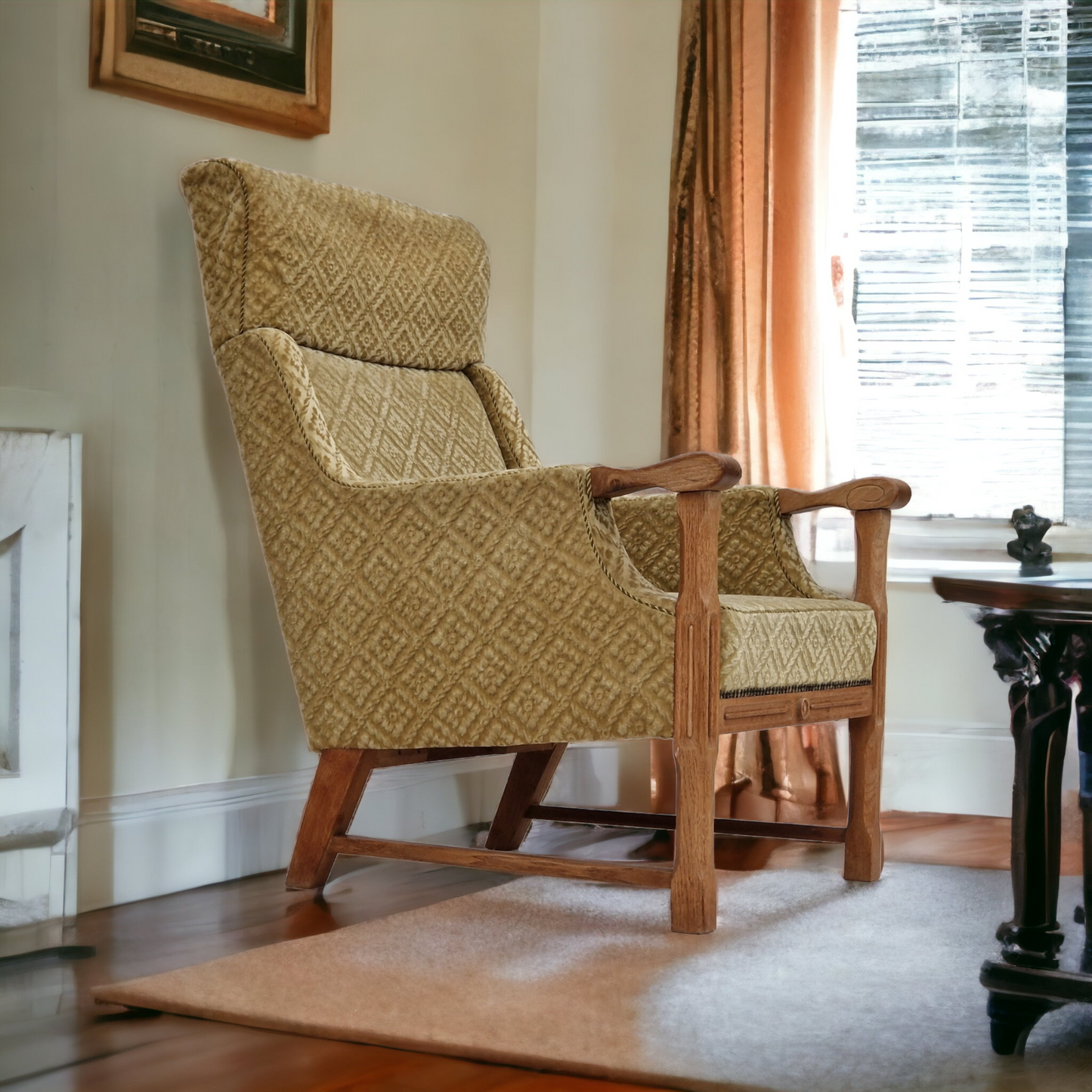 1960s, Danish design, highback armchair, furniture fabric, oak wood.