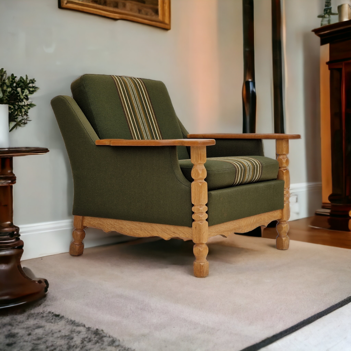 1970s, Danish design, lounge chair in green furniture wool, oak wood.