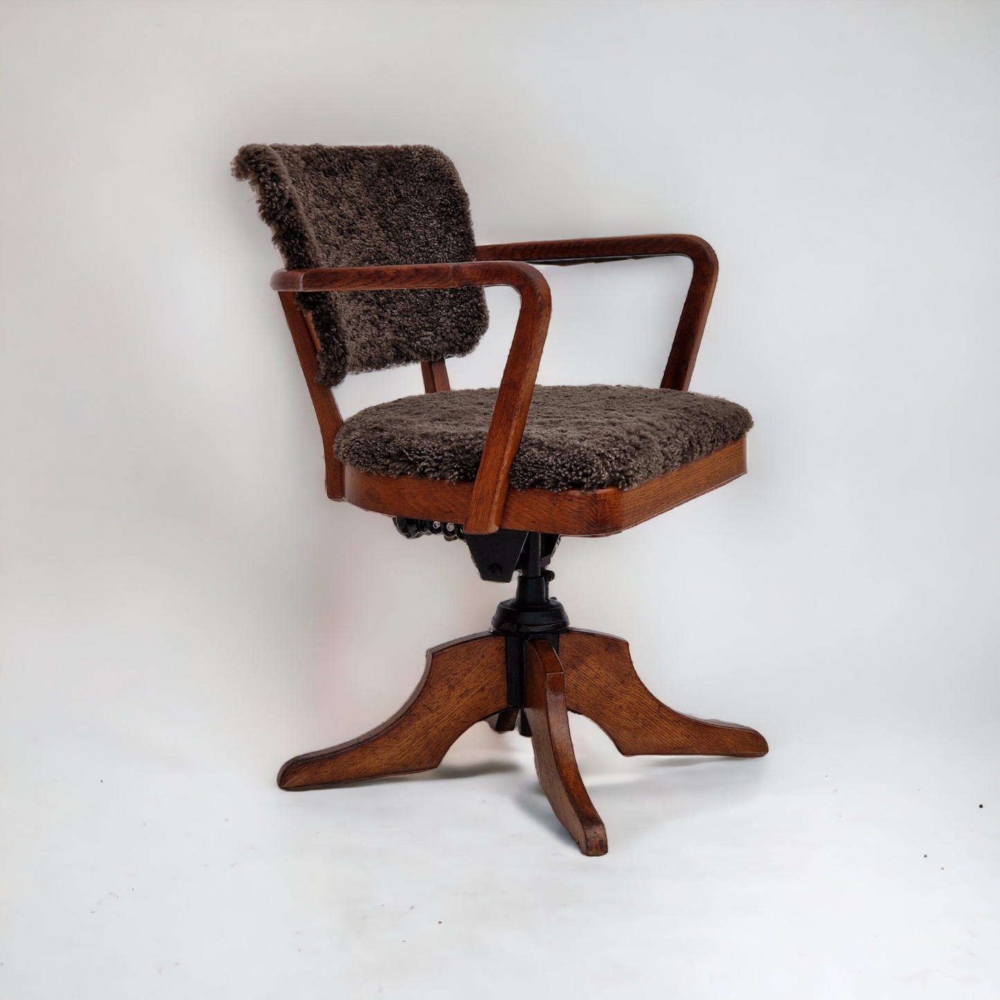 1940s, Danish design, reupholstered swivel chair, tilt function, lambskin, Ehapa Møbelfabrikken.