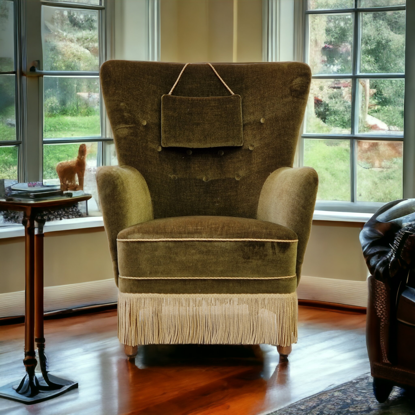 1960s, Danish vintage highback armchair in green velvet, original condition.