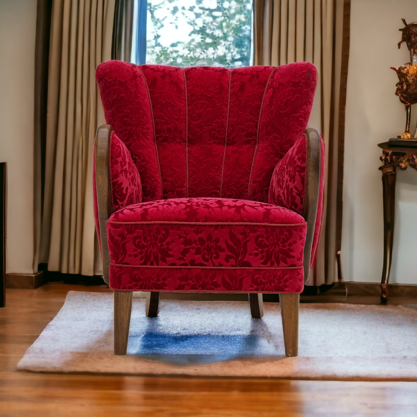 1960s, Danish design by Alfred Christensen, armchair in cherry red fabric, original condition.